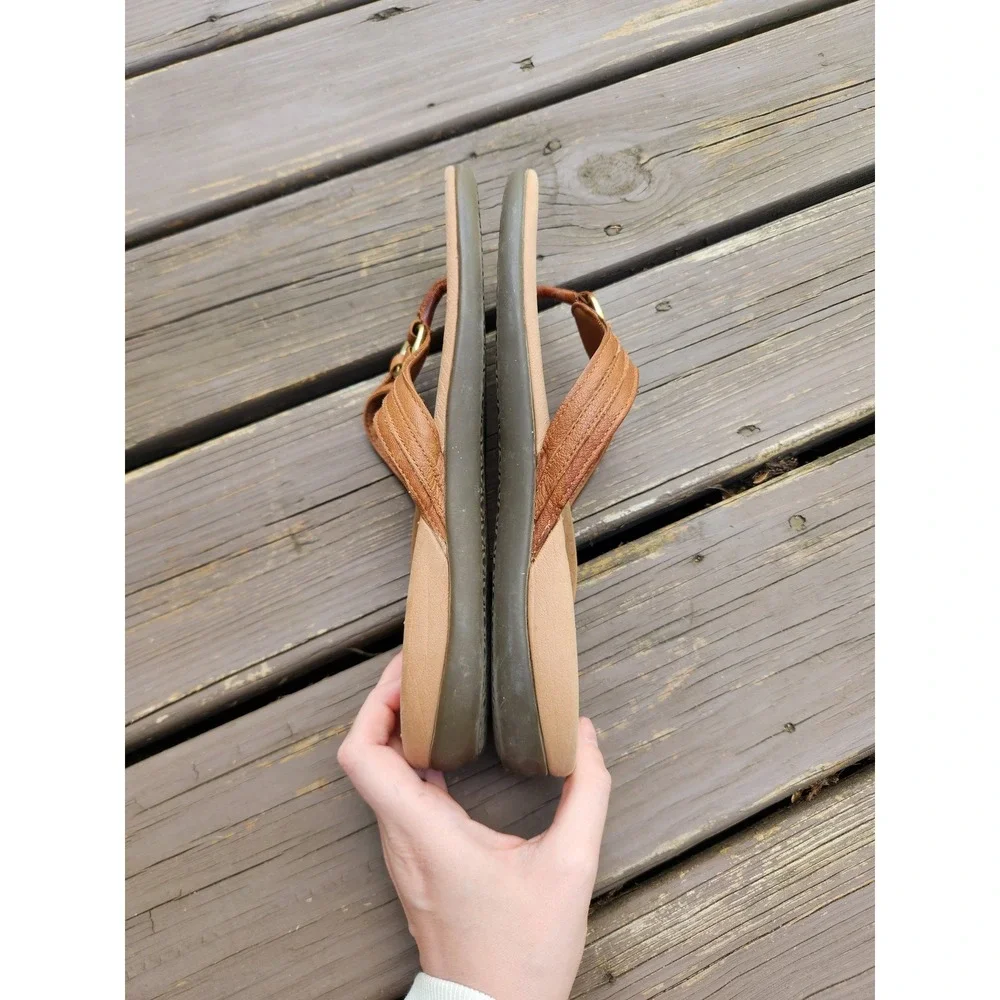 Vionic Aloe Thong Sandals Tan Leather Gold‎ Ring Orthopedic Size 11